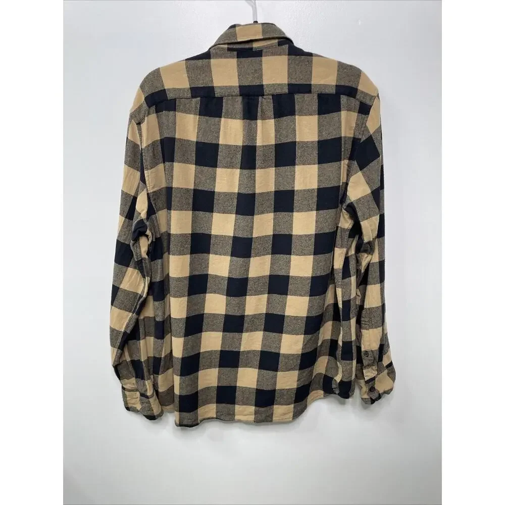 J. Crew Plaid Black Tan Flannel Button Up Shirt Pocket XL Lumber‎ Rugged Camp